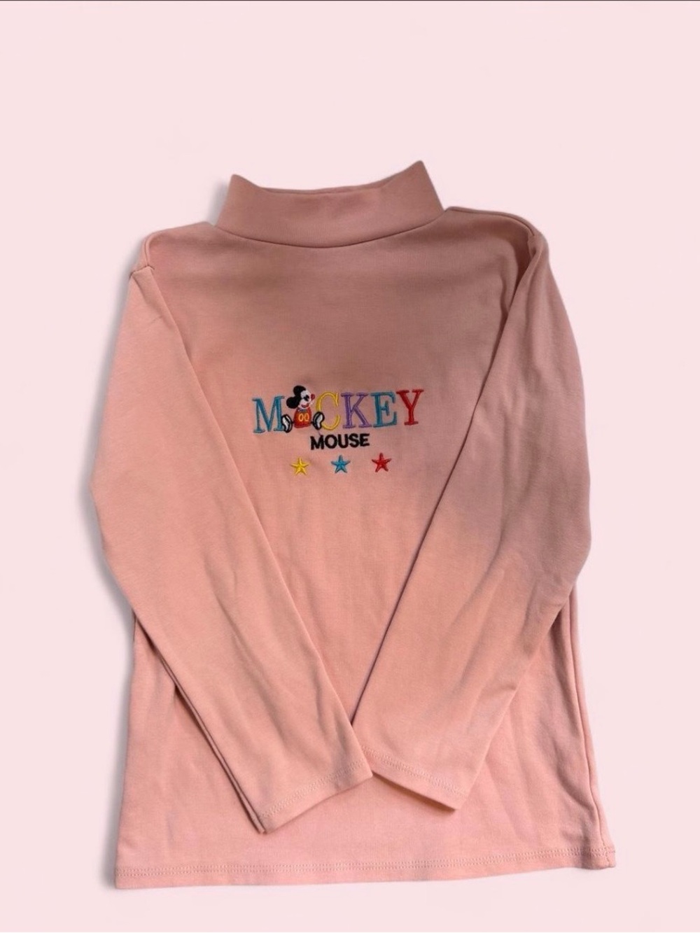 Vintage Disney Mickey Mouse Embroidered Pink Mock Neck Top Kids 6/7